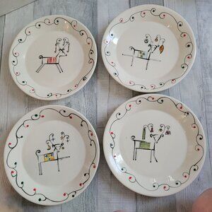 Set Of 4 Sakura Holiday Patchwork Dessert Plates With Reindeer Design 8.25" Cera